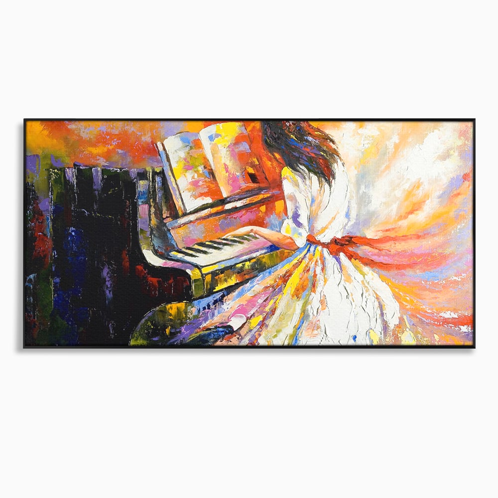 Tablou canvas cu pictura cu fata la pian, in rama de aluminiu negru